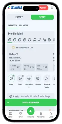Uso del bonus Winnita per effettuare una puntata nella sezione Sport