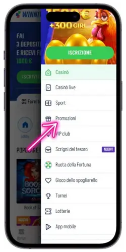 Menu dell’account Winnita con accesso alla sezione Promozioni